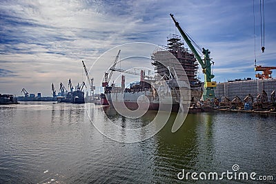 Ship is being renovated in shipyard Stock Photo