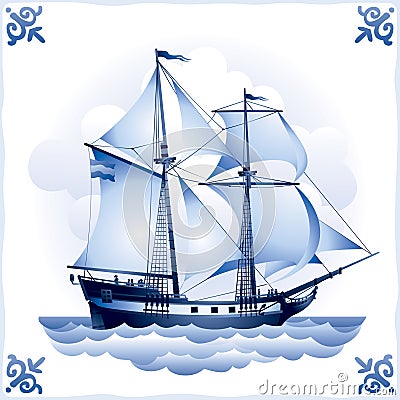 Ship on the Blue Dutch tile 8, Brigantine Vector Illustration