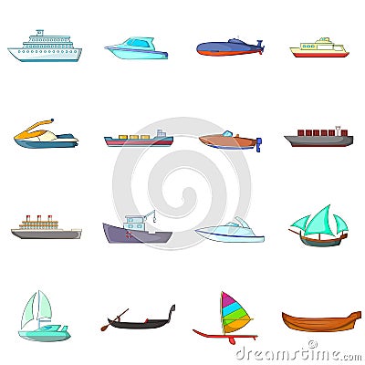 Ship and boat icons set, cartoon style Vector Illustration