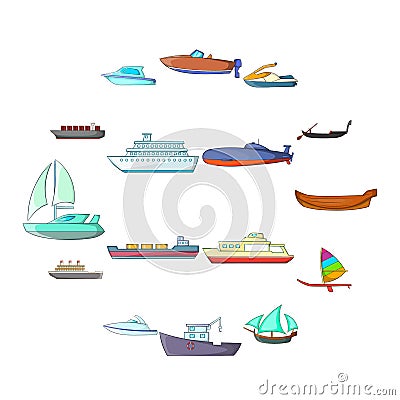 Ship and boat icons set, cartoon style Vector Illustration