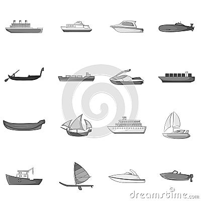 Ship and boat icons set, gray monochrome style Vector Illustration