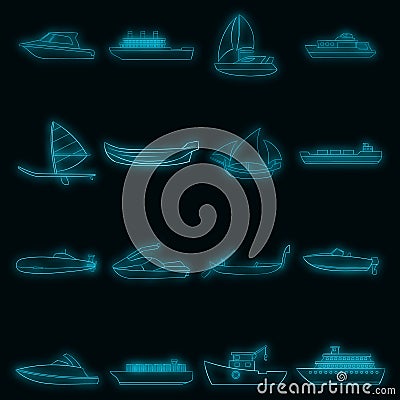 Ship and boat icons set vector neon Vector Illustration