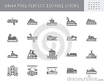 Ship, boat line icons. Vector illustration included icon as yacht, cruise, cargo shipping, submarine, ferry, canoe Vector Illustration