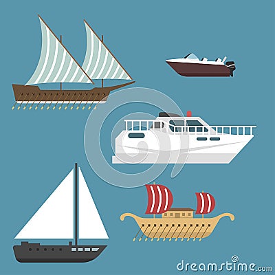 Ship boat sea symbol vessel travel industry vector sailboats cruise set of marine icon Vector Illustration