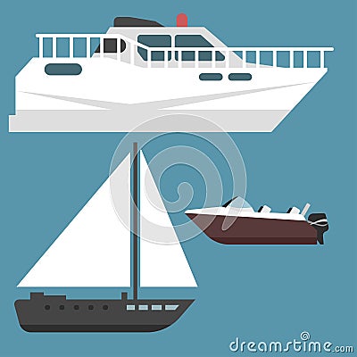 Ship boat sea symbol vessel travel industry vector sailboats cruise set of marine icon Vector Illustration