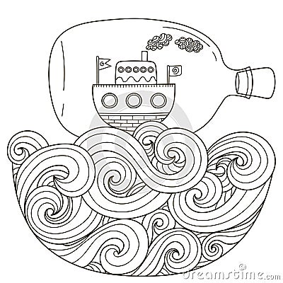 Ship in bottle floating on the wavy sea for coloring page Vector Illustration