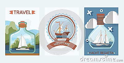 Ship in bottle vector travel boat in miniature backdrop traveling sail souvenir in glass sailboat with cork wallpaper Vector Illustration