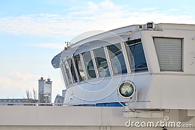 Ship bridge of captain exterior, room of able seaman for ship control by helmsmen Stock Photo