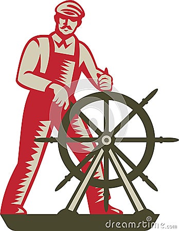 Ship captain at the helm steering Vector Illustration