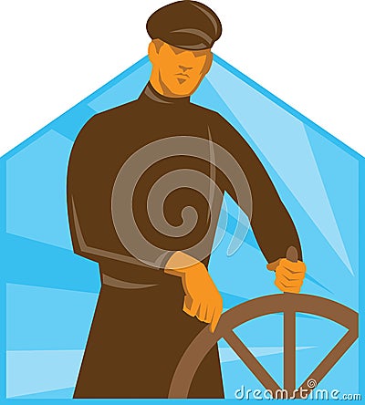 Ship Captain Helmsman Steering Wheel Retro Vector Illustration