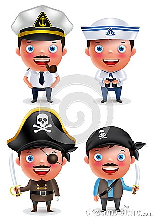 Ship captain, seafarer and pirates vector character set with uniform Vector Illustration