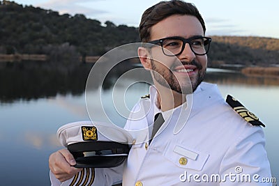 Ship captain wearing eyeglasses to have a better vision Stock Photo