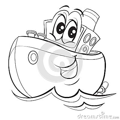 Ship character with big eyes, cute, cartoon, outline drawing, isolated object on a white background, vector illustration Vector Illustration