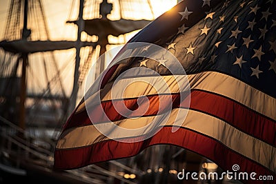 The ship of Christopher Columbus sails on the sea. The concept of celebrating the Day of Indigenous Peoples Stock Photo