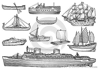 Ship, boat , collection, illustration, drawing, engraving, ink, line art, vector Vector Illustration