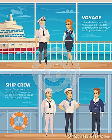 Ship Crew Characters Cartoon Banners Vector Illustration