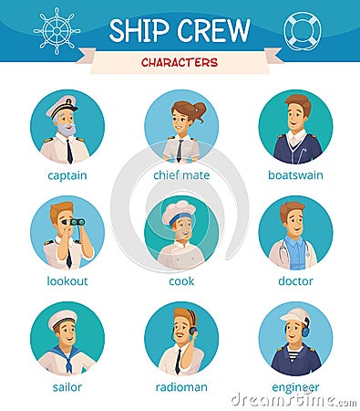 Ship Crew Characters Icons Set Vector Illustration