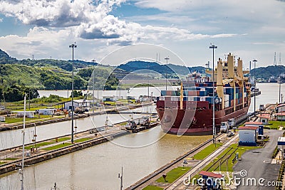 Ship crossing Panama Canal at Miraflores Locks - Panama City, Panama Stock Photo