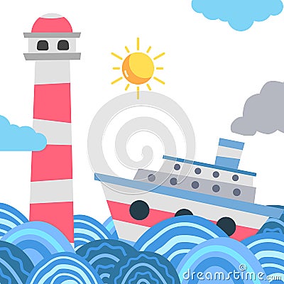 ship cruise at sea ocean with lighthouse for guide navigation whimsical children illustration Vector Illustration