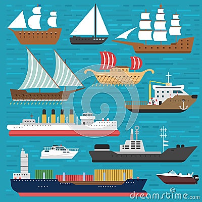 Ship cruiser boat sea symbol vessel travel industry vector sailboats cruise set of marine icon Vector Illustration