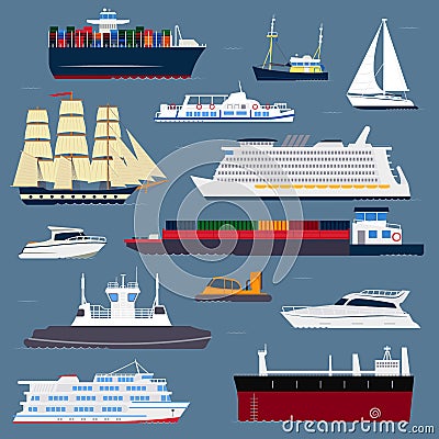 Ship cruiser boat sea symbol vessel travel industry vector sailboats cruise set of marine icon Vector Illustration