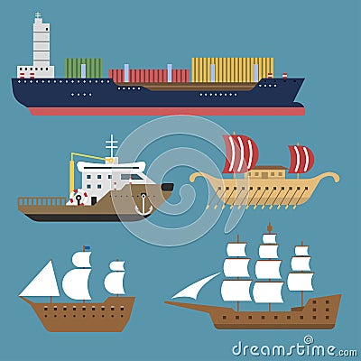 Ship cruiser boat sea symbol vessel travel industry vector sailboats cruise set of marine icon Vector Illustration