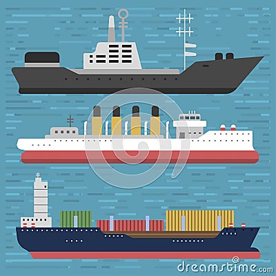 Ship cruiser boat sea symbol vessel travel industry vector sailboats cruise set of marine icon Vector Illustration