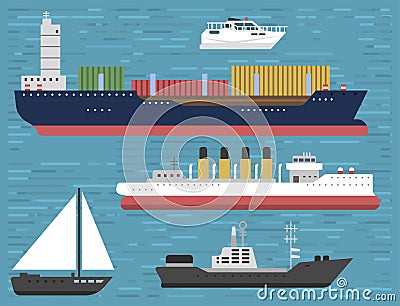 Ship cruiser boat sea symbol vessel travel industry vector sailboats cruise set of marine icon Vector Illustration