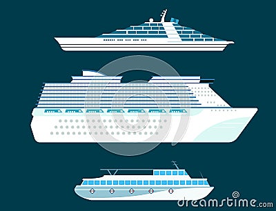 Ship cruiser boat sea symbol vessel travel industry vector sailboats cruise set of marine icon Vector Illustration
