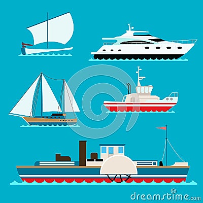 Ship cruiser boat sea symbol vessel travel industry vector sailboats cruise set of marine icon Vector Illustration