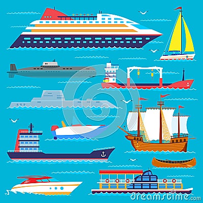 Ship cruiser boat sea transport symbol vessel travel vector sailboats cruise set of marine Vector Illustration