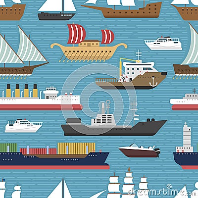 Ship cruiser boat sea vessel travel industry vector sailboats cruise marine seamless pattern backgrpund Vector Illustration