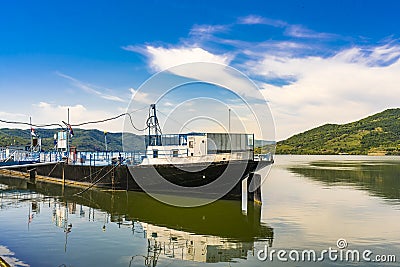Ship at Danube gorge in Djerdap on the Serbian-Romanian border Stock Photo