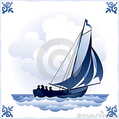 Ship on the Dutch tile 3, Sailboat Vector Illustration