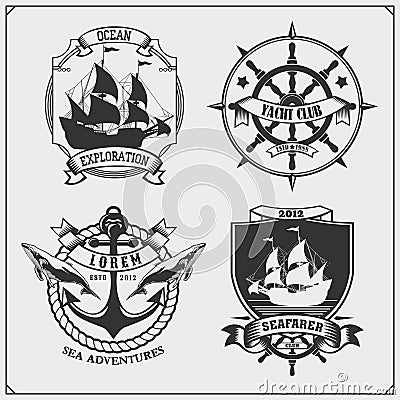 Ship emblem. Yacht club, sea adventures and marine cruise. Vector Illustration