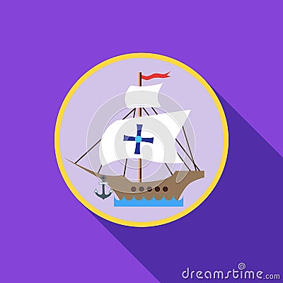 Ship with flag of Columbus icon, flat style Vector Illustration