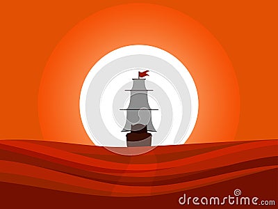 The ship floating away into the sunset. Sailing medieval ship rear view. Columbus Day. Vector Illustration