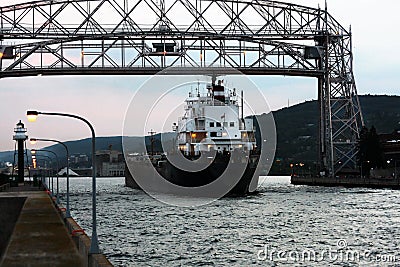 Empty container ship entering Duluth harbor Stock Photo