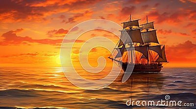 A Ship Glides through Calm Waters, Warm Hues Painting the Canvas of Sea, Sails Bathed in Gentle Glow. Stock Photo