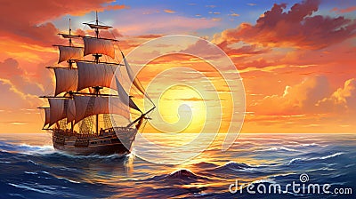 A Ship Glides through Calm Waters, Warm Hues Painting the Canvas of Sea, Sails Bathed in Gentle Glow. Stock Photo
