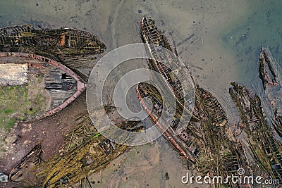 Ship graveyard in Teriberka, Kola Peninsula, Russia. Aerial view Stock Photo