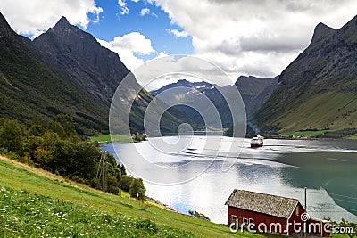 Ship at Hjorundfjord Stock Photo