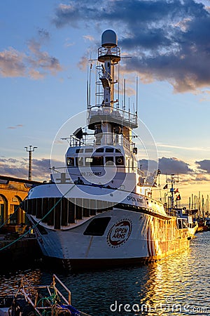 Ship from the humanitarian organization "Open Arms" docked in the port of Burriana, Spain. Editorial Stock Photo