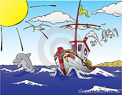 Ship leaving to fish, with dolphin Vector Illustration