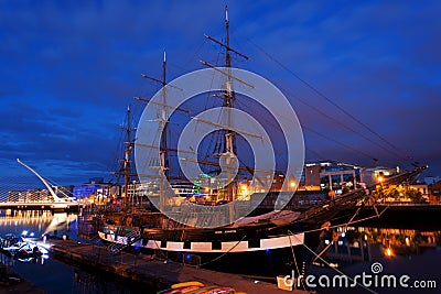 Ship on the Liffey River, Dublin at night Stock Photo