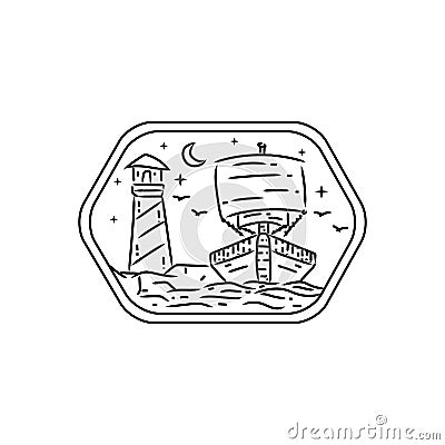 Ship and lighthouse badge monoline design illustration vector Cartoon Illustration