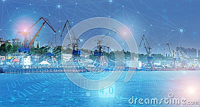 Ship loading control using the Internet of things technologies, distribution of deliveries around the world in automatic mode. ind Stock Photo