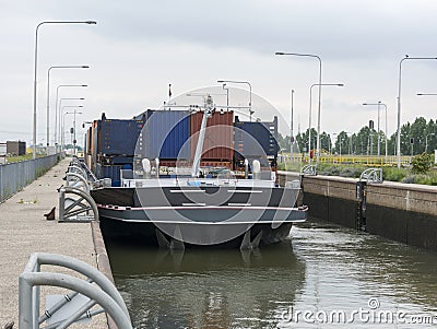 Ship in lock in netherlands Stock Photo