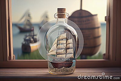 ship model in bottle on wooden table, with view of the ocean Stock Photo