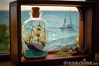 ship model in bottle on wooden table, with view of the ocean Stock Photo